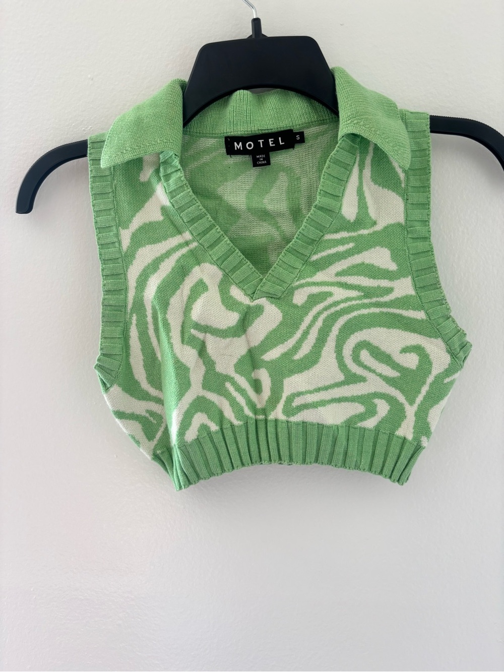 Motel Rocks Light Green and Cream Zebra Knit Collared Crop Tank